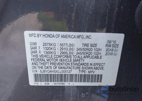 2020 Acura Mdx Technology Package z USA, uszkodzony, nr VIN 5J8YD4H5XLL005127